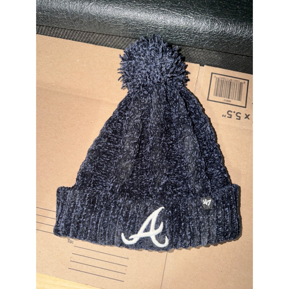Atlanta Braves 47 Brand Navy Blue Chenille Knit Beanie Pom Pom Hat MLB Unisex